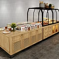 Wooden Display Shelf With Glass Case Bread Pastries Baskets And Plant Decor