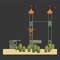 Cartoon Scene Featuring Three Orange Domes with Red Flags on Green Pillars and Small Bushes