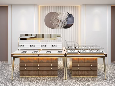Modern Display Shelves with Glass Countertop Gold Frame Drawers and Marble Floor 3d model