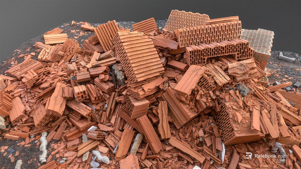 Pile of Broken Red Bricks and Construction Debris Scattered on Ground 3d model 