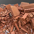 Pile of Broken Red Bricks and Construction Debris Scattered on Ground