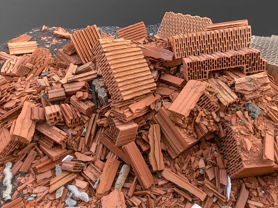 Pile of Broken Red Bricks and Construction Debris Scattered on Ground 3d model
