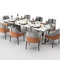 Modern Dining Table Set With Marble Top Gray Orange Chairs Plates And Decorative Elements 3d model