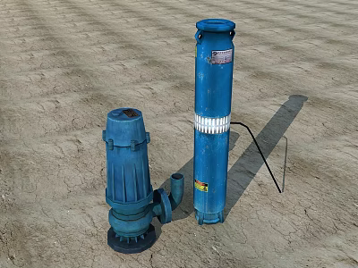 Two Blue Industrial Pumps With Metal Structure Labeled Components On Sandy Ground 3d model