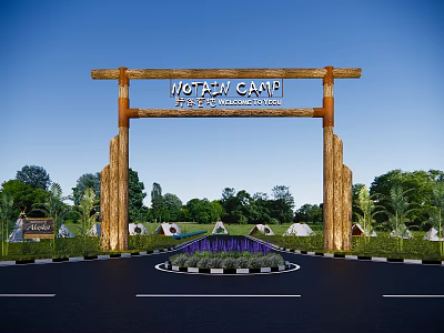 Wooden Entrance Gate of MOTAW CAMP Eco Adventure Park with Trees and Tents in Background 3d model