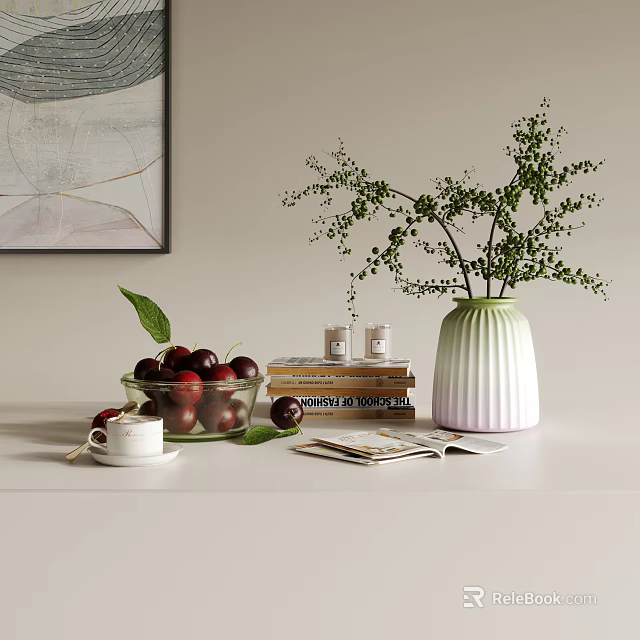 Modern Tabletop Decorative Ornaments With Vase Green Foliage Fruit Bowl Books Candles And Wall Art 3d model 
