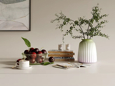 Modern Tabletop Decorative Ornaments With Vase Green Foliage Fruit Bowl Books Candles And Wall Art 3d model