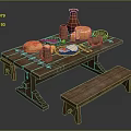 Rustic Wooden Table And Bench With Fresh Bread Cheese Eggs Mugs Bowls And Clay Vase