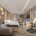 Modern Hotel Room With Large Bed Sofa Round Mirror Decorative Paintings And Patterned Carpet 3d model