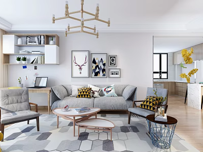 Modern Living and Dining Room Interior With Sofa Coffee Table And Decorative Paintings 3d model