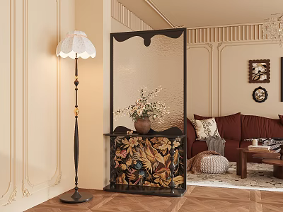 Decorative Room Divider With Floral Pattern And Vase In Living Room With Red Sofa 3d model