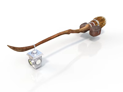 Decorative Wooden Broom with Hanging Metal Lantern and Brush Head 3d model