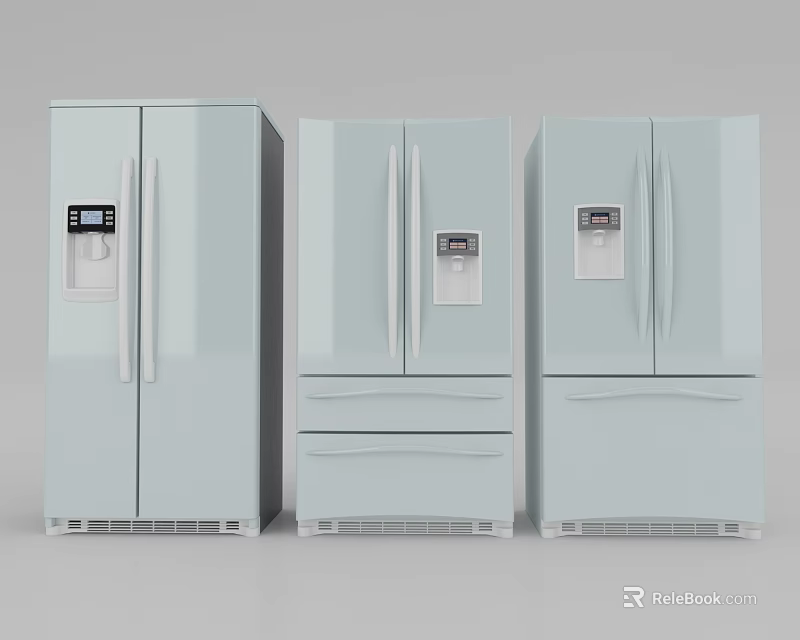 Three Modern Light Blue Refrigerators With Double Doors And Drawer Design For Home Kitchen 3d model 