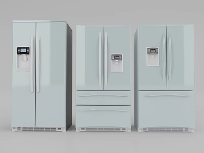 Three Modern Light Blue Refrigerators With Double Doors And Drawer Design For Home Kitchen 3d model