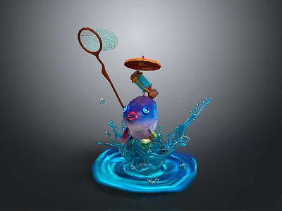 Cute Blue Cartoon Aquatic Animal With Small Umbrella Bottle And Net Splashing Water 3d model