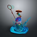 Cute Blue Cartoon Aquatic Animal With Small Umbrella Bottle And Net Splashing Water