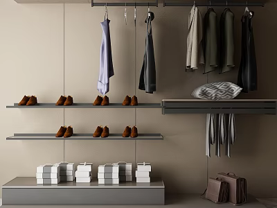 Modern Closet with Hanging Clothes Shoes on Shelves Folded Clothes and Bags 3d model