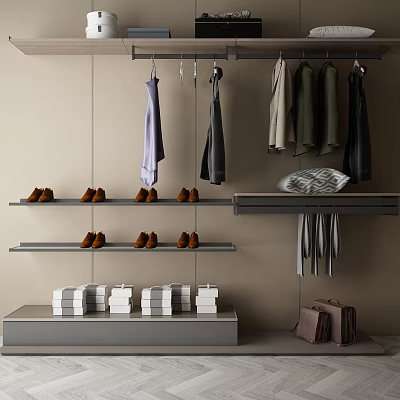 Modern Closet with Hanging Clothes Shoes on Shelves Folded Clothes and Bags 3d model
