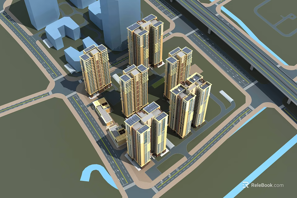 Modern High Rise Residential Buildings With Surrounding Roads And Waterfront Layout 3d model 