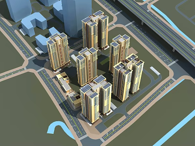 Modern High Rise Residential Buildings With Surrounding Roads And Waterfront Layout 3d model