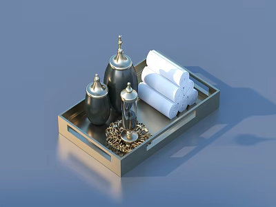 Luxury Perfume Cosmetics on Metal Tray with Black Gold Bottles White Rolled Towels and Accents 3d model