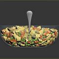 Fresh Salad in Transparent Glass Bowl with Diced Colorful Vegetables and Spoon on Tabletop