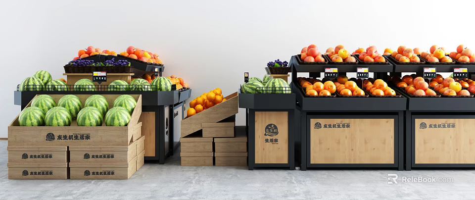 Grocery Store Fruit Display Shelves Featuring Wooden Crates And Fruits 3d model 
