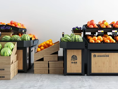 Grocery Store Fruit Display Shelves Featuring Wooden Crates And Fruits 3d model