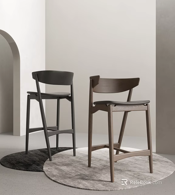 Modern Wooden Bar Stools With Backrest In Dark And Light Tones 3d model 