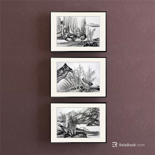 Three Black And White Landscape Paintings On Wall With Mountain Tree Water Scenery 3d model 