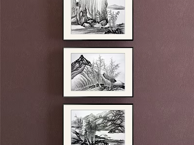 Three Black And White Landscape Paintings On Wall With Mountain Tree Water Scenery 3d model