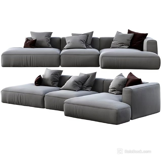 Modern Gray Modular Sectional Sofa Set with Plush Cushions and Deep Brown Accent Pillows 3d model