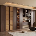 Elegant Modern Wooden Bookcase Interior With Shelves Decorative Items And Ambient Lighting