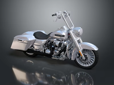 Shiny Silver Cruiser Motorcycle With Chrome Accents Black Seat Spoked Wheels And Floor Reflection 3d model