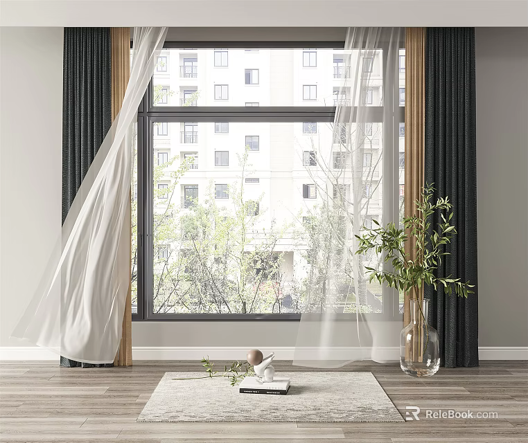 Black And White Curtains With Sheer Panels By Large Window And Indoor Green Plants 3d model 