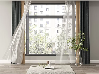 Black And White Curtains With Sheer Panels By Large Window And Indoor Green Plants 3d model