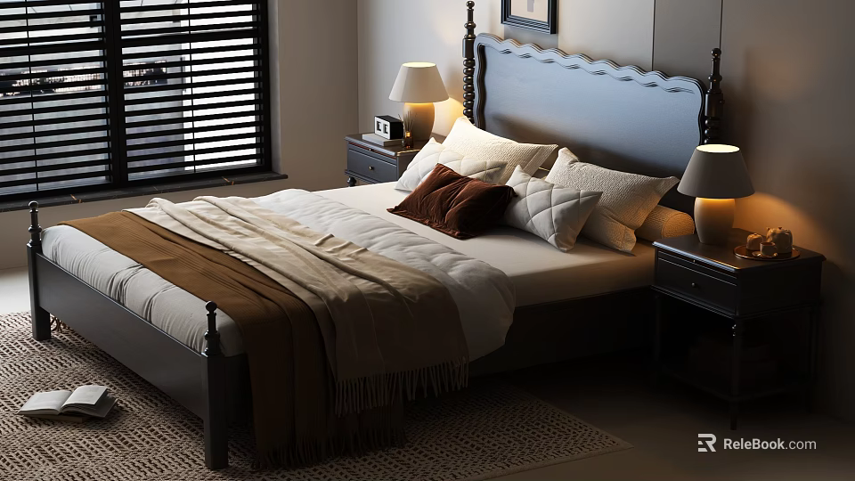 Double Bed With Stylish Headboard White Brown Pillows Blanket Nightstands And Table Lamps In Bedroom 3d model 