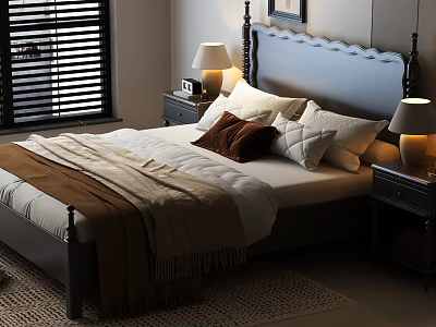 Double Bed With Stylish Headboard White Brown Pillows Blanket Nightstands And Table Lamps In Bedroom 3d model