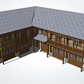 Traditional Bed and Breakfast Building With Stone Wood Structure Gray Roof and Balconies