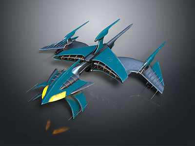 Futuristic Sci Fi Aircraft With Teal Sharp Wings And Yellow Lights Design 3d model