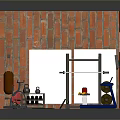 Gym Interior With Red Brick Walls Windows Barbell Dumbbells Treadmill And Yoga Mat