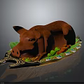 Red Roasted Pig on Decorative Plate with Green and Red Fruits