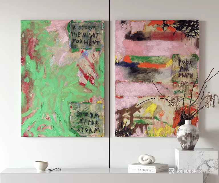 Colorful Abstract Paintings On Wall With Text Elements Vase And Decor 3d model 