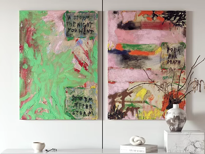 Colorful Abstract Paintings On Wall With Text Elements Vase And Decor 3d model