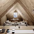 Cozy Attic Space With Wooden Sloped Ceiling Skylight Window Sofa Table And Vase