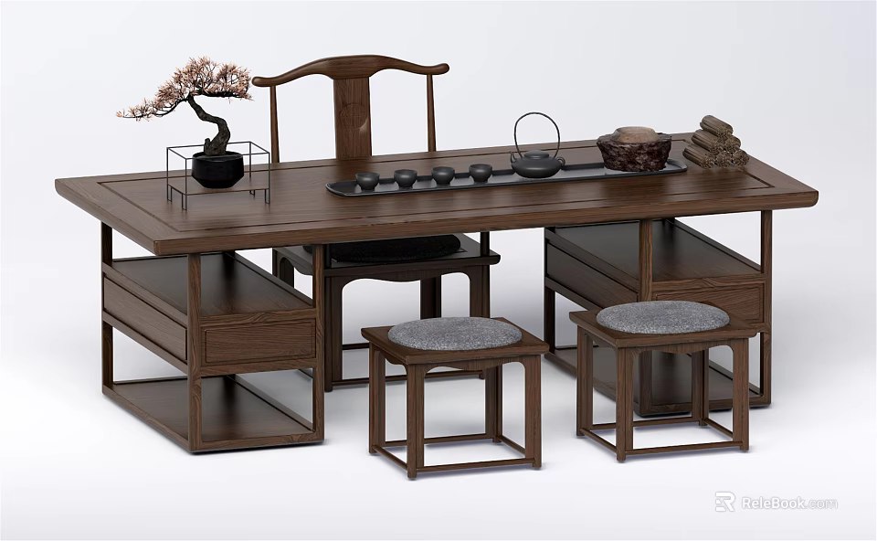 Dark Brown Solid Wood Tea Table and Chairs with Padded Stools Drawers and Tea Set 3d model 