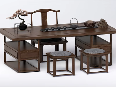 Dark Brown Solid Wood Tea Table and Chairs with Padded Stools Drawers and Tea Set 3d model