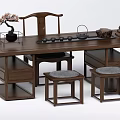 Dark Brown Solid Wood Tea Table and Chairs with Padded Stools Drawers and Tea Set