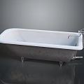 Freestanding White Marble Bathtub With Metal Legs Chrome Faucet And Drain Pipe On Dark Background
