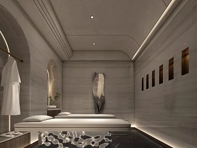 Spa Sauna Interior Design With Stone Walls Relaxation Bed And Ambient Lighting 3d model